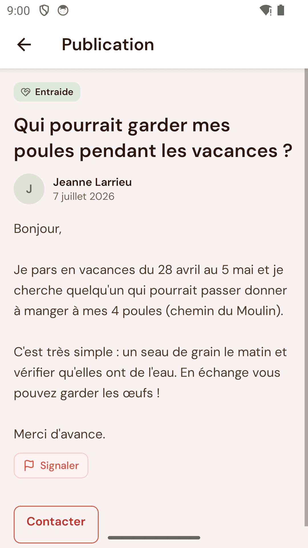 Demande d'entraide : garde de poules pendant une absence