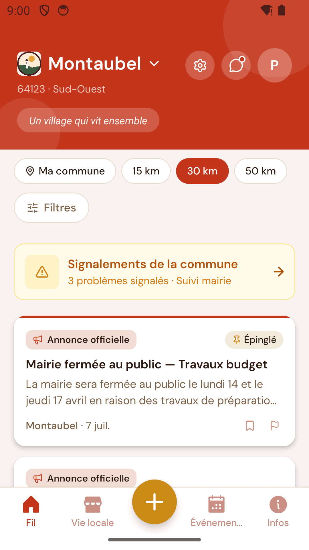 Le fil de la commune dans l'application Pretou : annonce officielle, entraide, événements