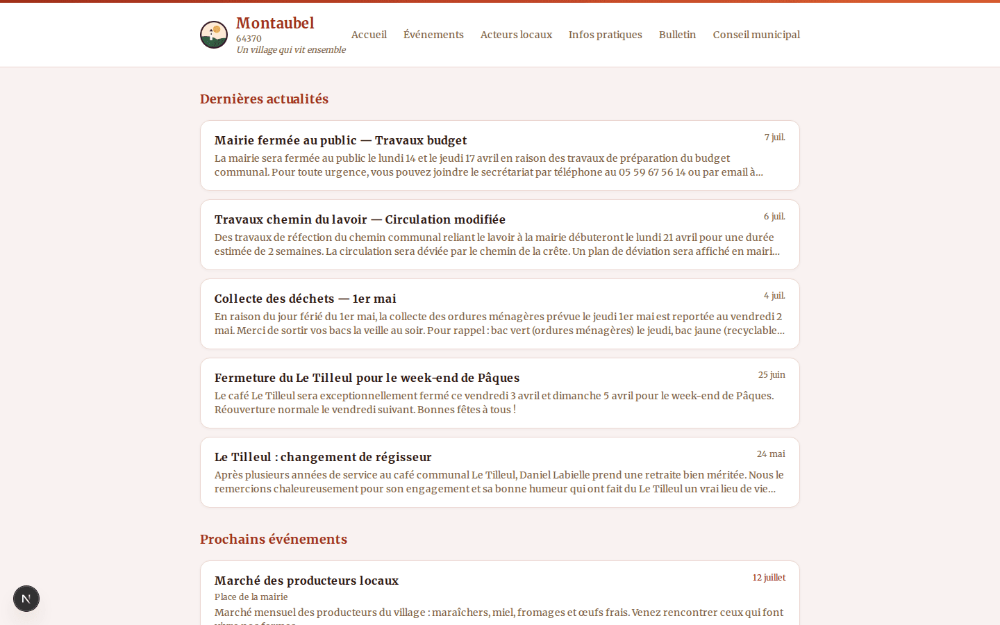 Le site public d'une commune sur Pretou, à ses couleurs